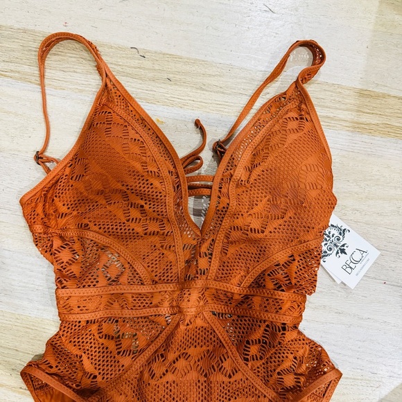 Becca Show & Tell One-Piece Swimsuit Lace Crochet Orange/rust NEW - Picture 4 of 4